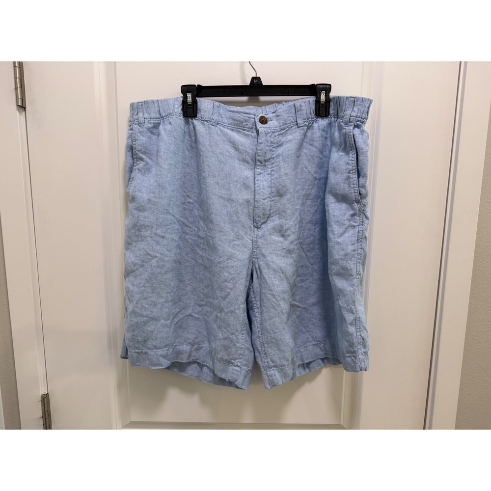 Caribbean Mens 44 Light Blue 100% Linen Elastic Waist Casual Shorts Summer Beach